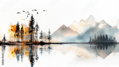 serene watercolor landscape featuring reflective lake, autumn trees, and distant mountains, with birds flying in sky, evoking tranquility and natural beauty