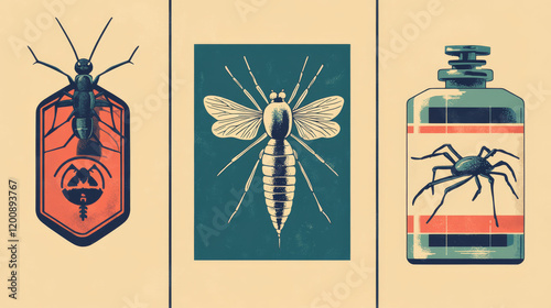 Mosquito and flies protection, snakes and spider danger vector signs. Disinsection repellents for insects and poisonous serpents. Fumigation tool electric repellent and duct tape retro posters set photo