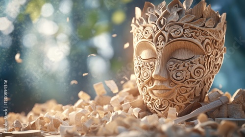 Wooden Carving of a Woman's Face: A intricately carved wooden sculpture of a woman's face with a serene expression surrounded by wood shavings against a blurred nature background. photo