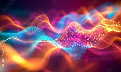 Digital waveforms ripple through a rainbow of colors in a bold, abstract background