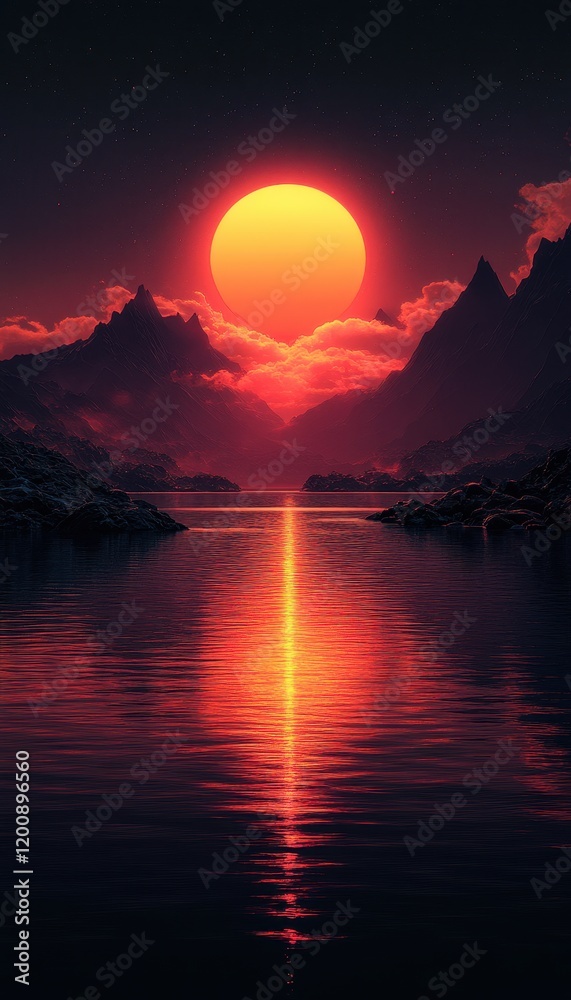 Fototapeta premium Fiery Sunset Over Mountain Lake