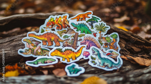 Prehistoric dinosaur stickers vector set. Adorable cartoon dino creatures, carnivore, omnivore and herbivore ancient reptiles, aquatic and terrestrial species and plants like palm trees or fallen logs photo