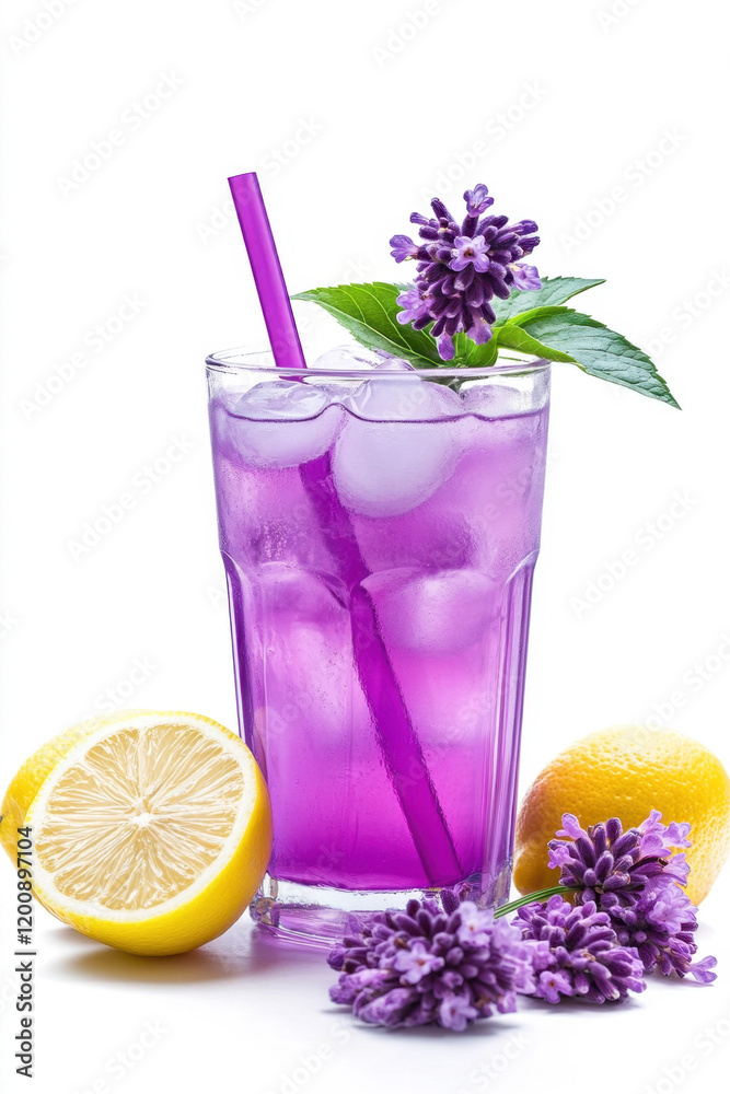 Refreshing lavender lemonade with sliced lemon and mint garnish in a glass with ice, creating a vibrant and soothing drink experience. Refreshing lavender lemonade with sliced lemon and mint garnish in a glass with ice, creating a vibrant and soothing drink experience.