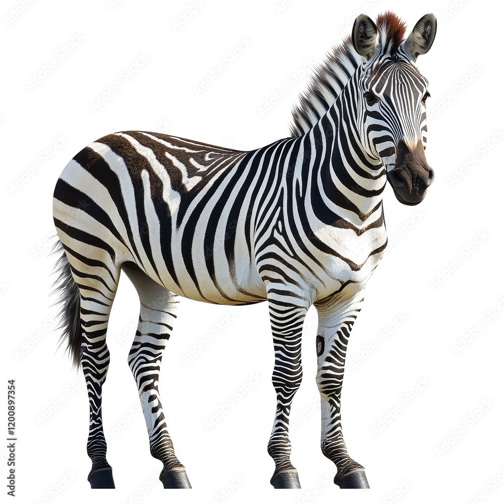 Fototapeta premium Zebra standing gracefully, showcasing its iconic black and white stripes against a white isolated background.