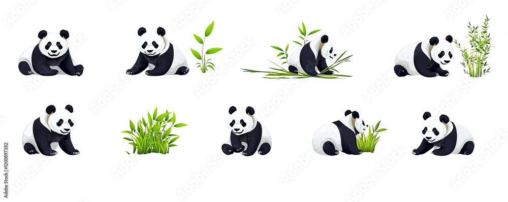 Obraz premium A collection of playful pandas interacting with bamboo in various poses on a white isolated background.
