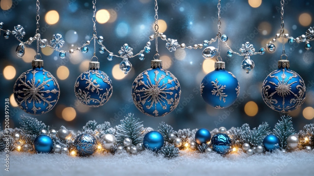 Festive Blue Ornaments with Snowy Pine Decor and Twinkling Lights Festive Blue Ornaments with Snowy Pine Decor and Twinkling Lights