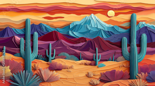 Mexican desert paper cut landscape with mountains, sand and cactuses. Vector vibrant 3d papercut art with rocks, sandy dunes, and iconic cacti, capturing the nature beauty of western arid environment