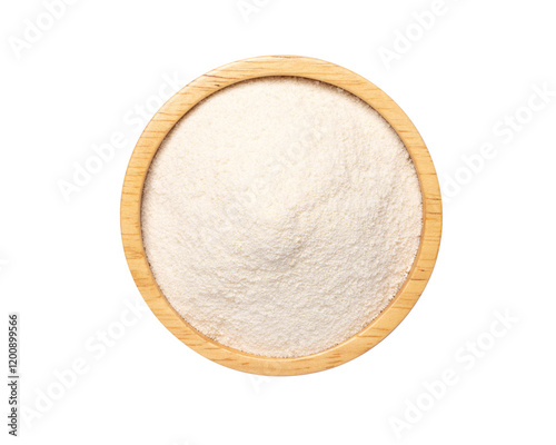 collagen powder in wooden bowl isolated on white background. Top view. Flat lay.	