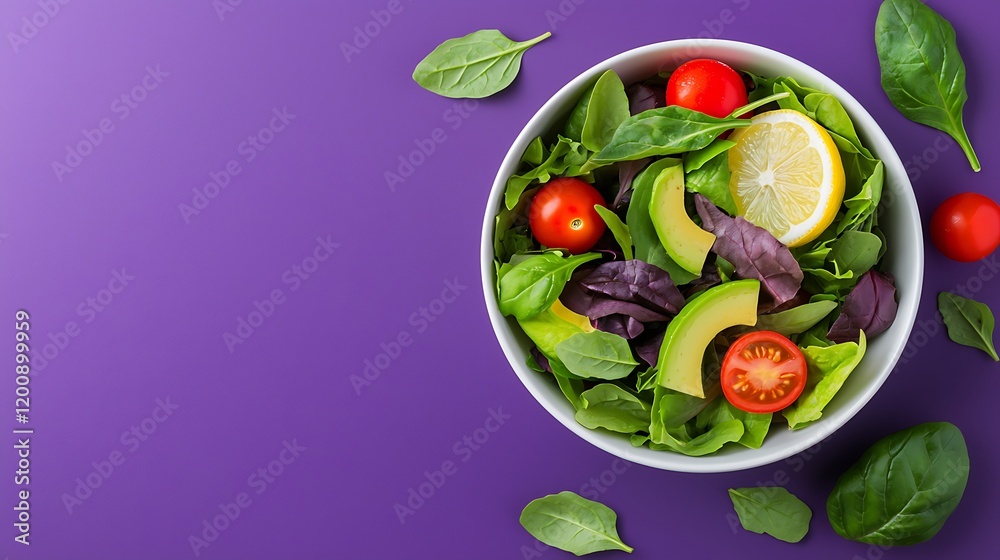 Vibrant Fresh Salad with Avocado, Tomatoes, and Spinach in White Bowl on Purple Background Vibrant Fresh Salad with Avocado, Tomatoes, and Spinach in White Bowl on Purple Background