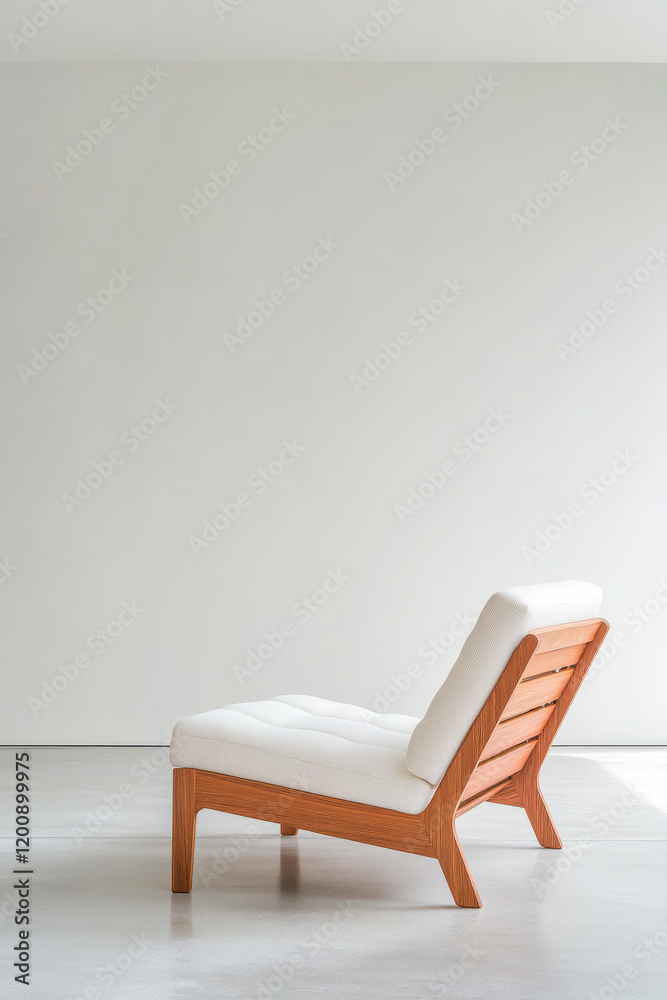 Fototapeta premium Modern wooden lounge chair with white upholstery in minimalistic interior design