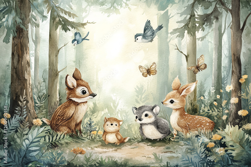 The image is a cute, watercolor illustration of a group of woodland animals, including deer and a squirrel, gathered in a sunny forest
