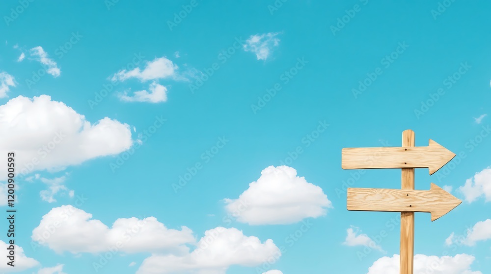 Directional Signpost Against a Bright Blue Sky and Fluffy Clouds for Outdoor Adventure Directional Signpost Against a Bright Blue Sky and Fluffy Clouds for Outdoor Adventure