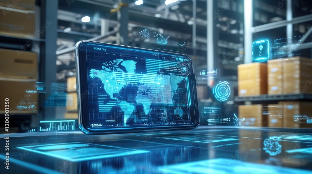 Global Supply Chain Management: A tablet displaying a digital world map with holographic data overlays, showcasing a modern warehouse in the background. Global Supply Chain Management: A tablet displaying a digital world map with holographic data overlays, showcasing a modern warehouse in the background.