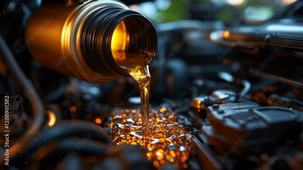 Car engine oil change, pouring, maintenance, close-up, garage Car engine oil change, pouring, maintenance, close-up, garage