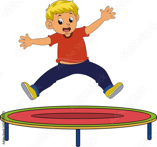 A small boy happily bounces on a trampoline in this cheerful cartoon illustration. He enjoys the fun of jumping up and down. The image captures the joy and playfulness of a child.