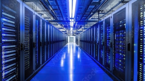 Data Center Corridor: Rows of powerful servers hum with activity in a modern data center, their blue lights reflecting on the polished floor. photo