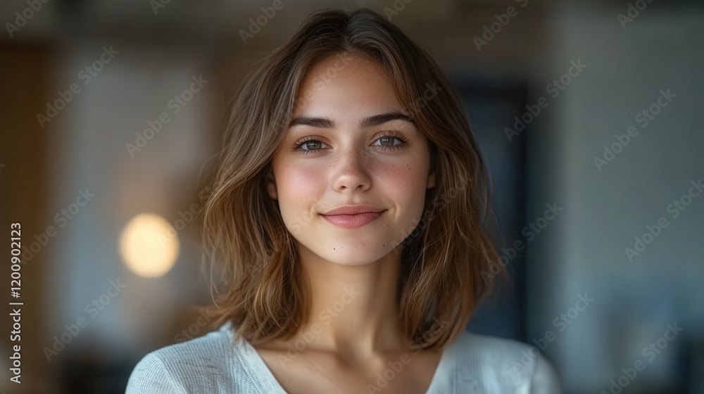 Portrait of an attractive woman with shoulder-length brown hair, wearing casual attire and looking directly at the camera in a frontal view. Portrait of an attractive woman with shoulder-length brown hair, wearing casual attire and looking directly at the camera in a frontal view.