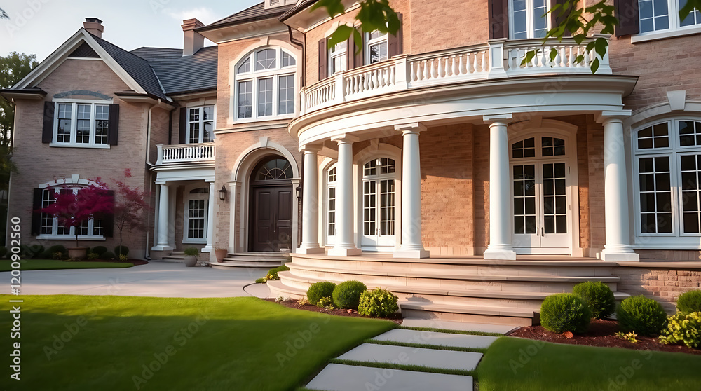 Fototapeta premium Magnificent Brick Mansion: Luxury Home Exterior with Columns and Landscaped Grounds