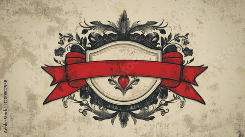 Quality label in retro style with red ribbon and decorations