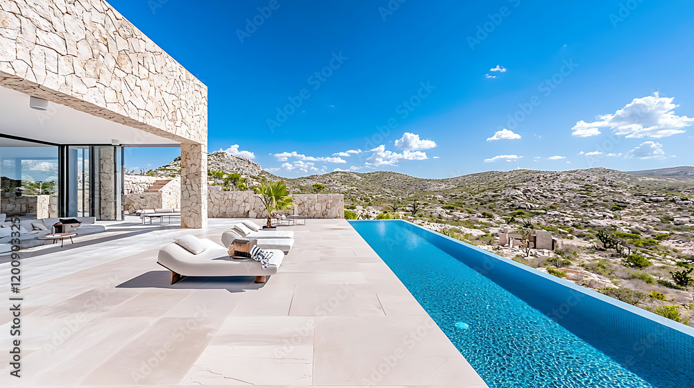 Fototapeta premium stunning contemporary house with infinity pool overlooking scenic landscape. design features natural stone and modern architecture