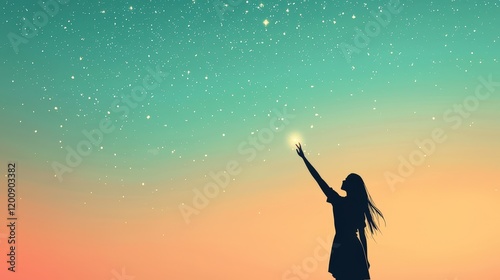 Illustration of a woman reaching for the stars glowing in a bright sky