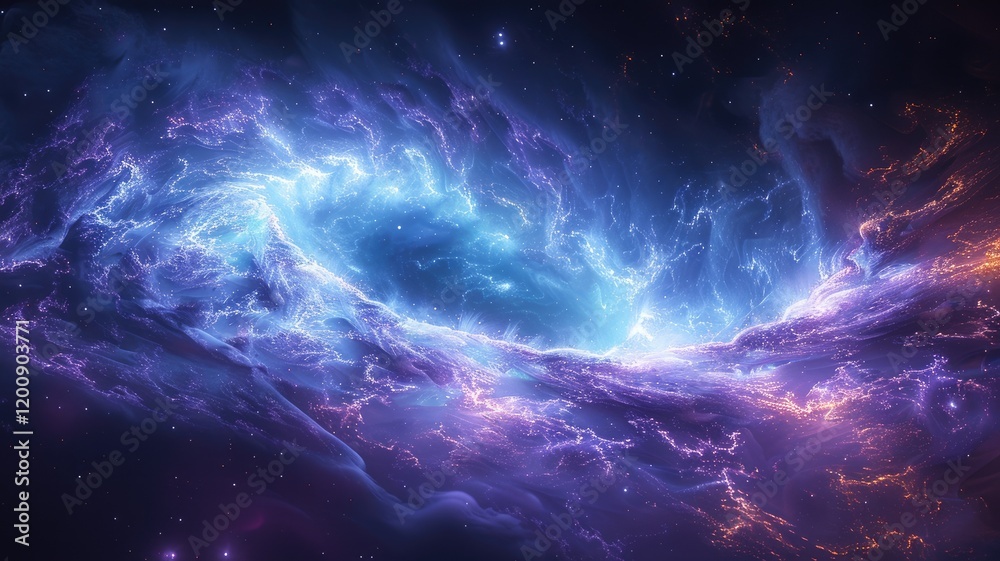 Fototapeta premium A mesmerizing scene showcasing a glowing blue object in the air, surrounded by ethereal swirls of light and color. Perfect for cosmic themes and artistic explorations.