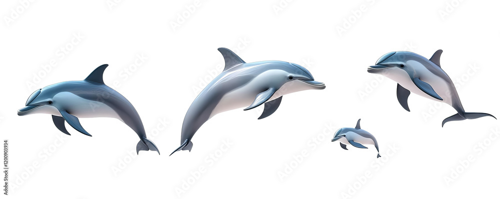 Group of dolphins swimming together, showcasing their playful nature on a white isolated background.