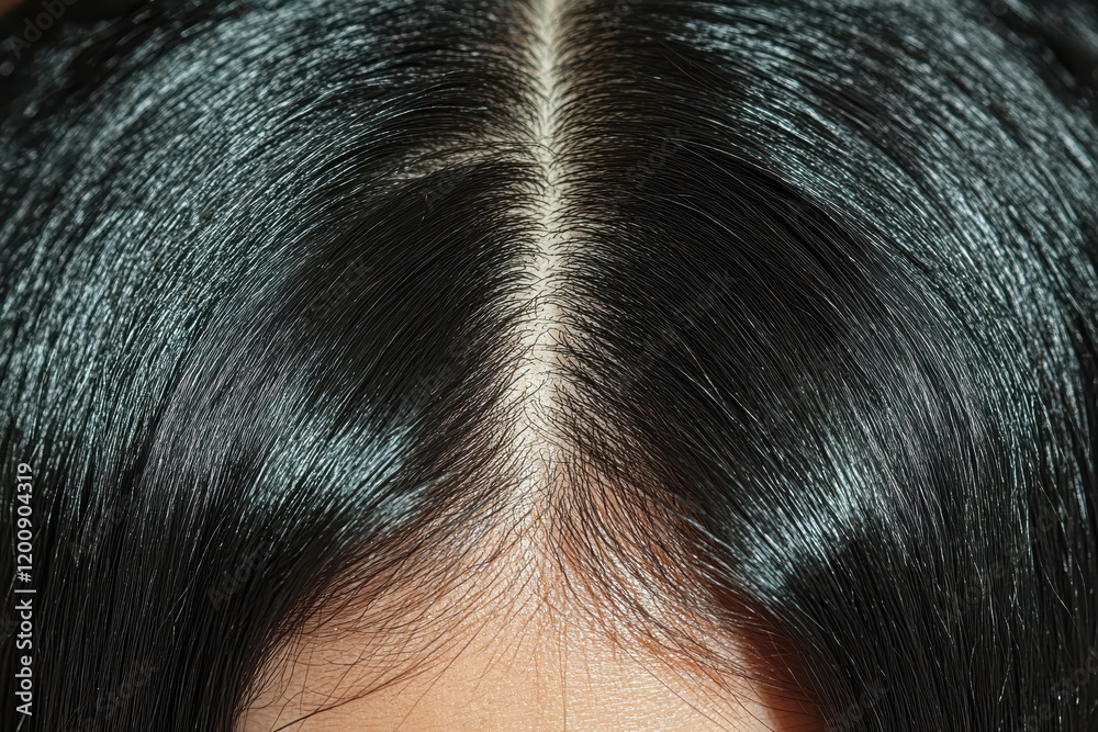 Oily Hair. A close-up view of straight, shiny black hair, highlighting the natural parting and smooth texture of the roots. Oily Hair. A close-up view of straight, shiny black hair, highlighting the natural parting and smooth texture of the roots.
