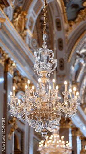 Luxurious crystal chandelier adorned with elegant details, illuminating a grand interior with opulent lighting and intricate craftsmanship. photo