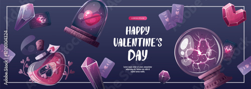 Valentine's Day banner with magic ball, love potion, crystals, heart in a glass dome, tarot cards. Romantic, magic love, 14 February concept, Vector illustrations.	