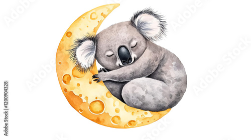 A cute koala sleeping peacefully on a crescent moon, colorful and whimsical design on a white background.