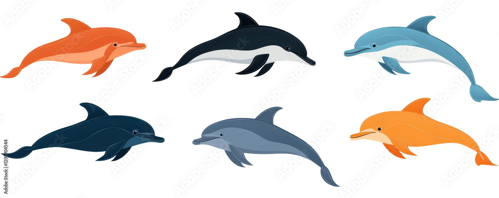 Fototapeta premium Collection of colorful dolphin illustrations isolated on a white background.