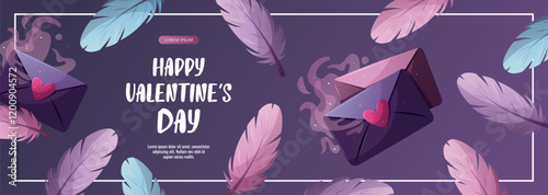 Valentine's Day banner with love letter and feathers. Romantic, magic love, 14 February concept. Vector illustrations