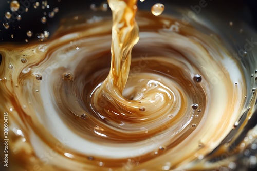 . A modern still-life of coffee being poured, with a focus on the swirling motion inside the cup.