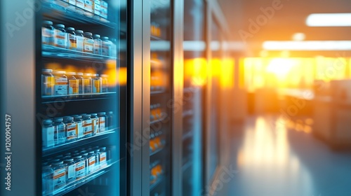 Transparent Refrigerator Showcasing Vaccines Ready for Efficient Medical Logistics and Distribution