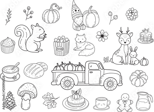 Autumn line art fall with gnome wildanimal pumpkin doodle outline elements, hand drawn leaf flower isolated.vector illustration
