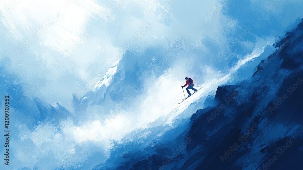 Dynamic Skiing Adventure in Majestic Mountain Landscape Under Dramatic Clouds, Capturing the Thrill of Winter Sports in a Serene Snowy Environment