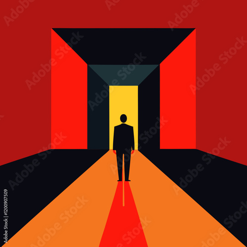 Vector art illustration of standing at the entrance to a brightly lit space