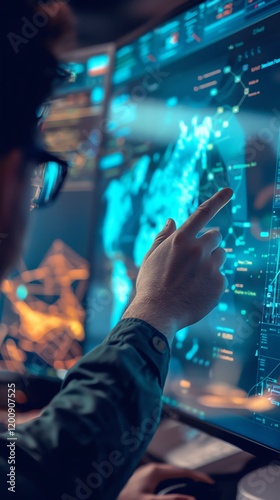Person working with futuristic data visualization on large screens, indicating a point on the digital interface with a finger.