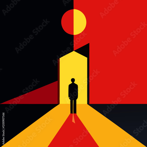 Vector art illustration of standing at the entrance to a brightly lit space