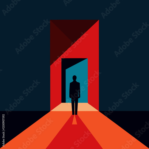 Vector art illustration of standing at the entrance to a brightly lit space