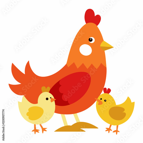 Chicken and chicks vector art illustration