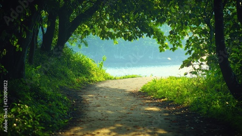 Serene walk through lush forests nature path tranquility photo