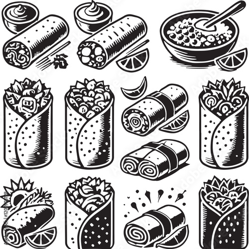 Black Color Burrito Silhouette Vector Illustration, Solid White Background