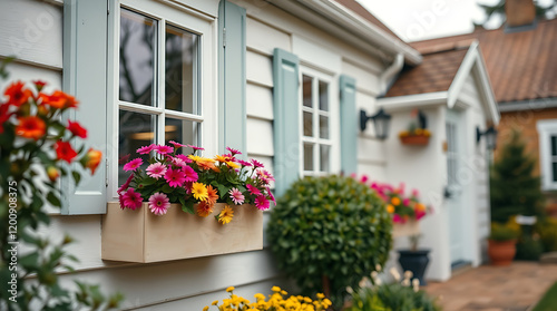 Charming Home Exterior with Colorful Flowers and Window Boxes. Beautiful Architecture and Landscaping. Perfect for Real Estate and Home Decor.