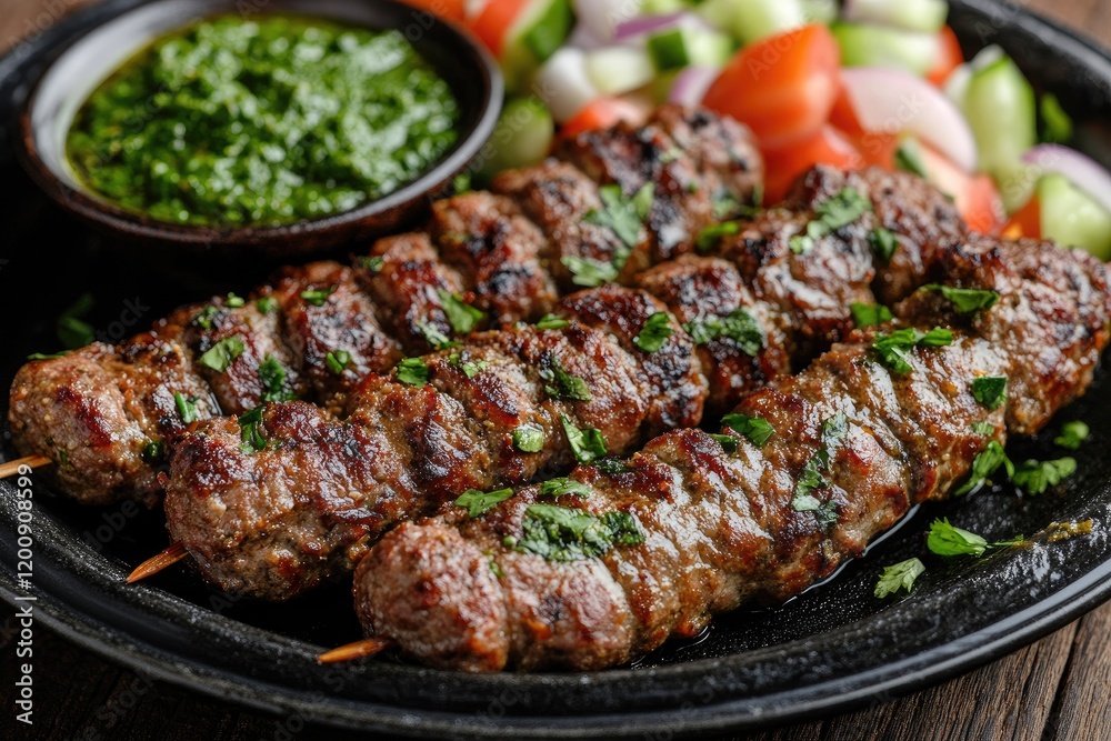 Barbecued kofta kebabs with green chutney and salad on skewers