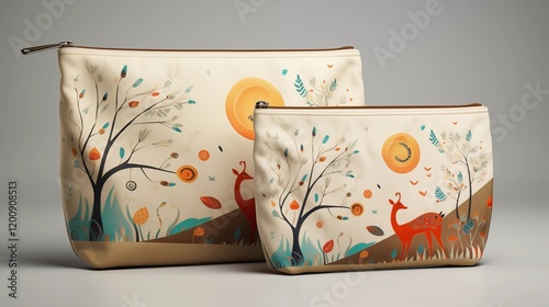 Whimsical Forest Animal and Nature Pattern on Cosmetic Pouches mockup. photo