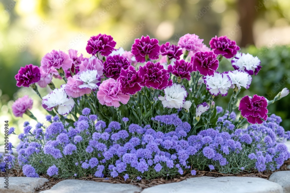 Obraz premium Colorful carnations and ageratum blooming in garden bed
