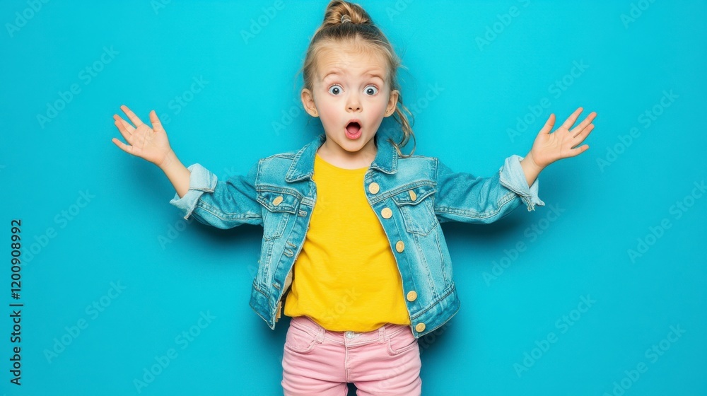 A shocked little girl standing on a blue background, wearing a yellow shirt and pink jeans with a denim jacket. A shocked little girl standing on a blue background, wearing a yellow shirt and pink jeans with a denim jacket.