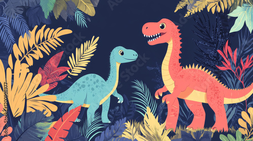 Paper cut prehistoric dinosaurs landscape banner with Jurassic lizard characters, vector background. Funny dinosaurs in jungle forest for kids dino world atlas book cover or prehistoric encyclopedia photo